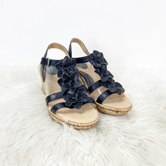 BOC Born Concepts 7 Women's Black Leather Floral Wedge Heel Ankle Strap Sandal - Picture 2 of 14